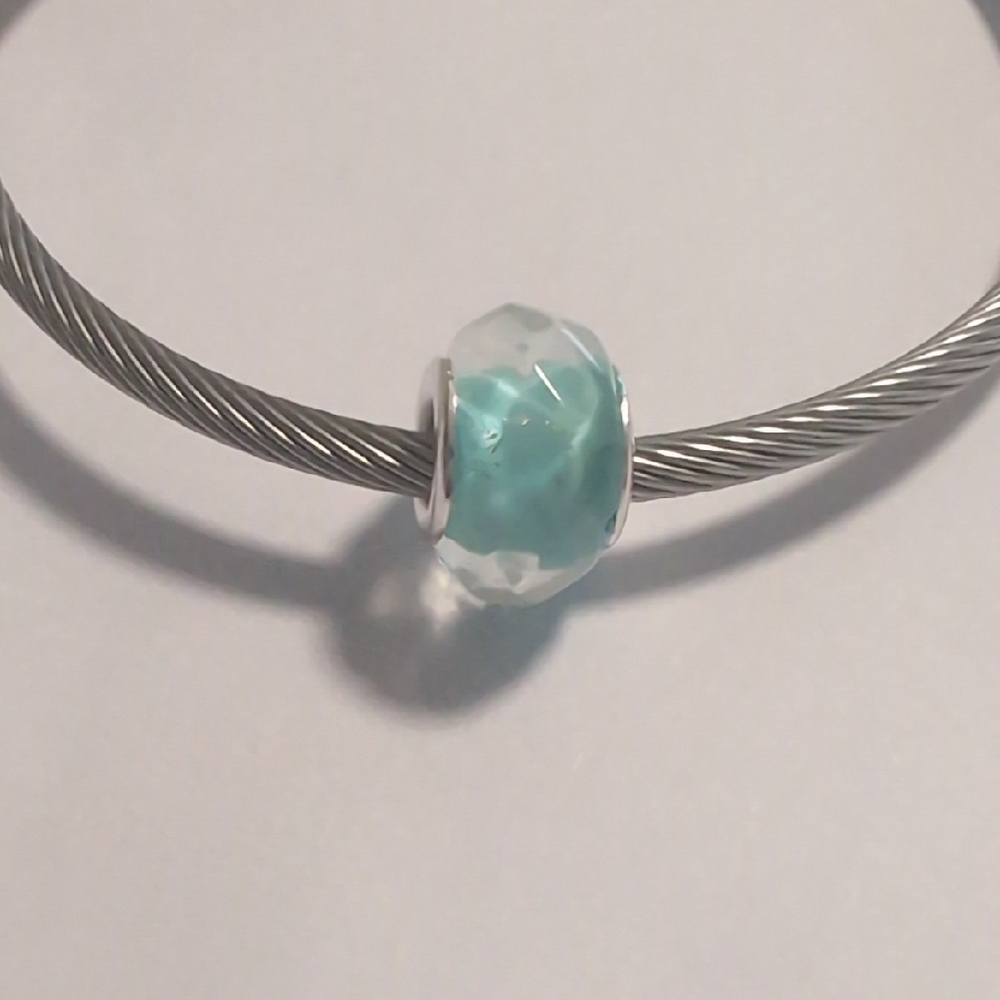 Clear With Light Blue Background Faceted Charm‎ for Pandora Style Bracelet